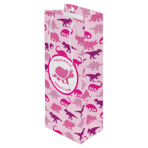 Sac Cadeau Pour Bouteille Dinosaur Baby shower Dino Pink Girl