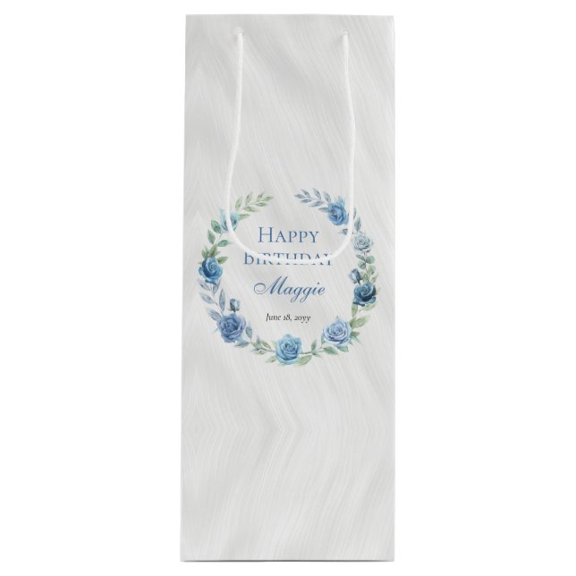 Sac Cadeau Pour Bouteille Elégant Floral Bleu Joyeux anniversaire (Devant)