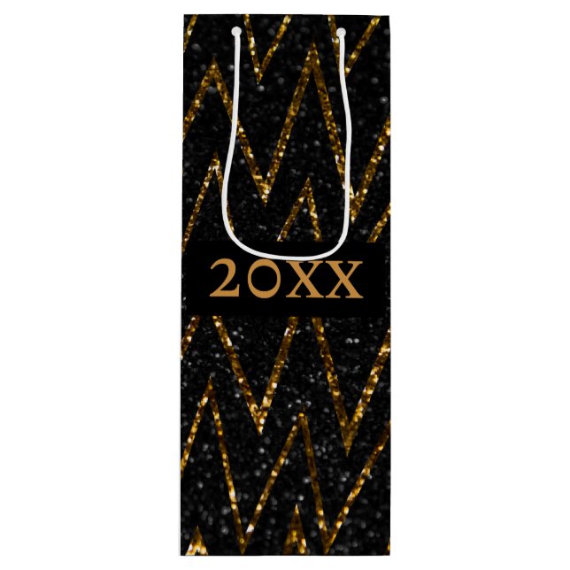 Sac Cadeau Pour Bouteille Emballage Gras Sparkling Black Gold Chevron (Devant)