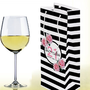 Sac Cadeau Pour Bouteille Fête d'anniversaire noir rayures rose florales nom