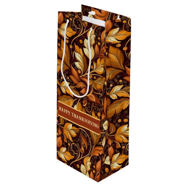 Sac Cadeau Pour Bouteille Feuilles d'or personnalisable (Devant Angle)