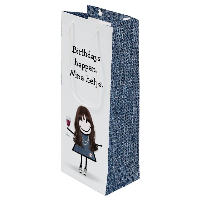 Sac Cadeau Pour Bouteille Figure Anniversaire fille avec verre à vin (Devant Angle)