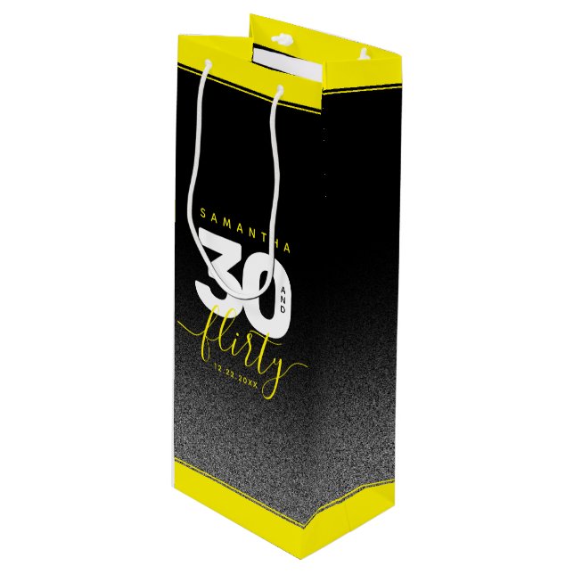 Sac Cadeau Pour Bouteille Fille moderne brillant Jaune 30 et Flirty (Devant Angle)