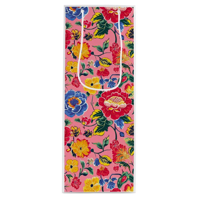 Sac Cadeau Pour Bouteille Floral Chinoiserie rose vif (Devant)