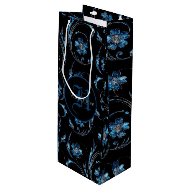 Sac Cadeau Pour Bouteille Floral Monogramme Blue Shimmer 2 (Devant Angle)