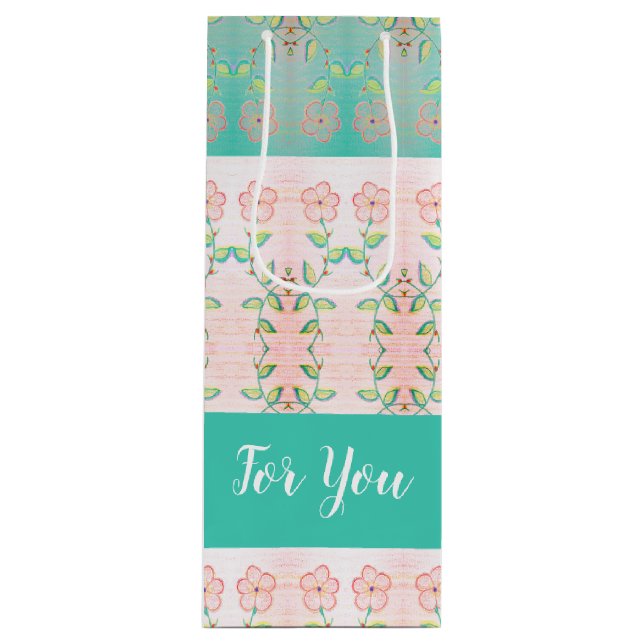 Sac Cadeau Pour Bouteille Floral rose avec Turquoise (Devant)