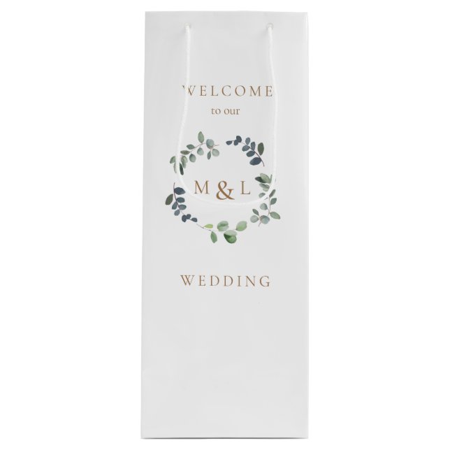 Sac Cadeau Pour Bouteille Folio & Monogramme or Mariage blanc Bienvenue (Devant)