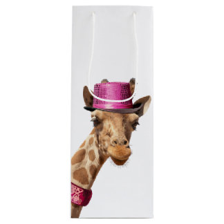 Sac Cadeau Pour Bouteille Giraffe en casquette rose étincelant