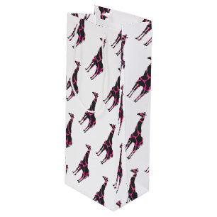 Sac Cadeau Pour Bouteille Giraffe Rose chaud et Silhouette noire