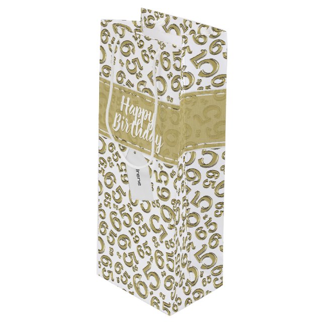 Sac Cadeau Pour Bouteille Happy 65th Birthday Gold/White 65 Numéro Motif (Devant Angle)