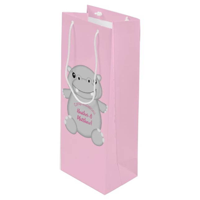 Sac Cadeau Pour Bouteille Hippo Baby shower rose (Devant Angle)