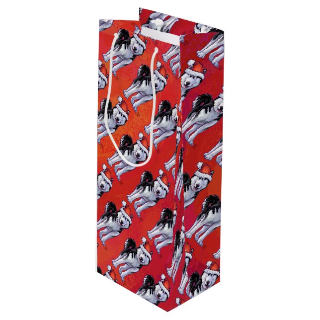 Sac Cadeau Pour Bouteille Husky à Santa Hat Sur Rouge (Devant Angle)