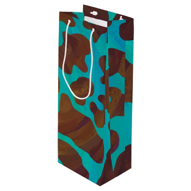 Sac Cadeau Pour Bouteille Impression Brown et Turquoise de vache (Devant Angle)