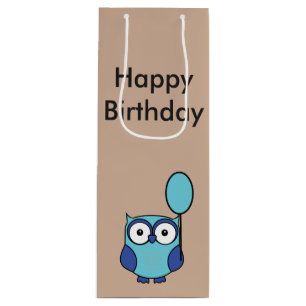Sac Cadeau Pour Bouteille Joyeux Anniversaire Hibou bleu et Aqua