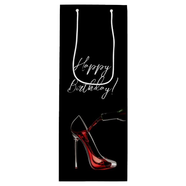 Sac Cadeau Pour Bouteille Joyeux anniversaire-Stiletto avec vin (Devant)