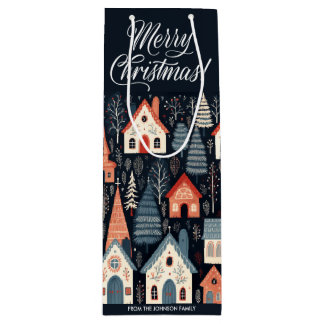 Sac Cadeau Pour Bouteille Joyeux Noël | Village de Noël bleu foncé