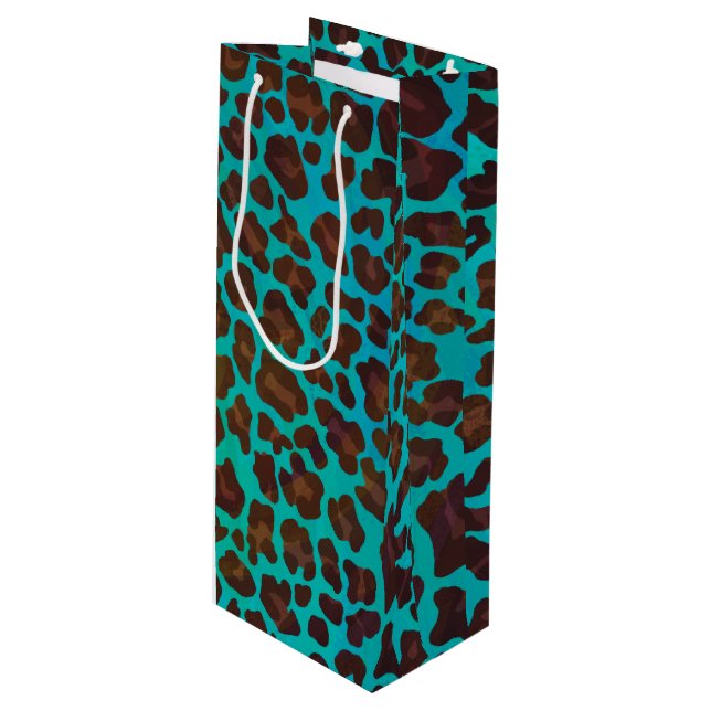 Sac Cadeau Pour Bouteille Léopard Brown et Turquoise (Devant Angle)