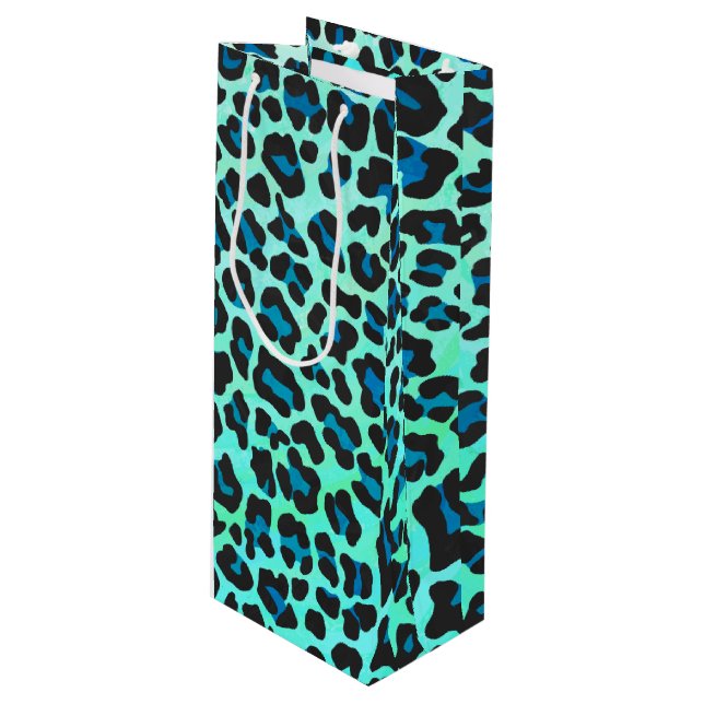Sac Cadeau Pour Bouteille Léopard noir et Turquoise (Devant Angle)