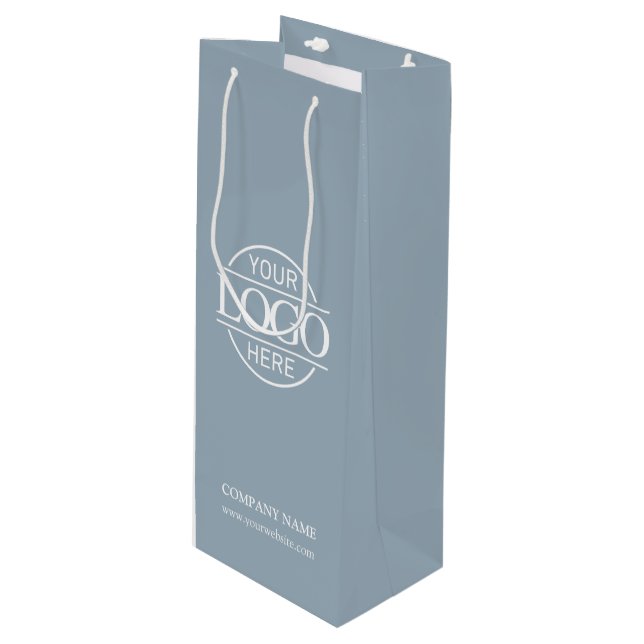 Sac Cadeau Pour Bouteille Logo d'entreprise simple et Dusty Blue (Devant Angle)
