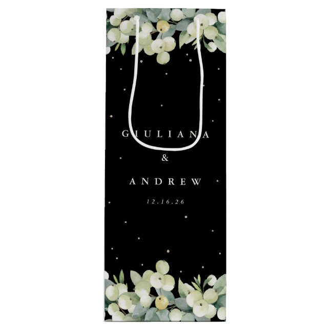 Sac Cadeau Pour Bouteille Mariage d'hiver Elégant Black Snowberry+Eucalyptus (Devant)