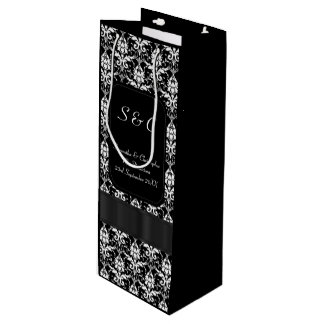 Sac Cadeau Pour Bouteille Mariage personnalisé noir et blanc damassé