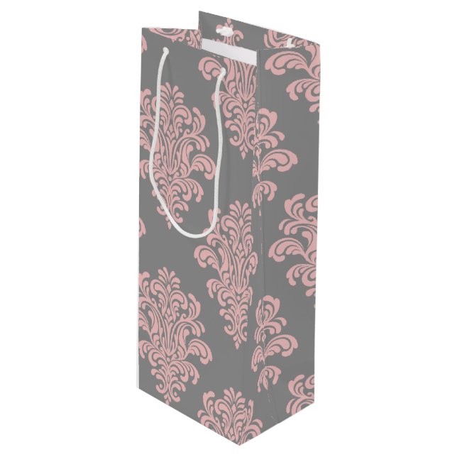 Sac Cadeau Pour Bouteille Modèle Damas rose et gris (Devant Angle)