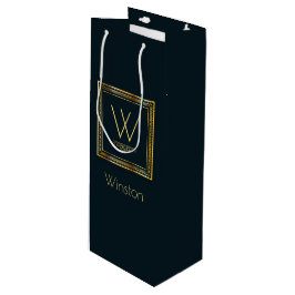 Sac Cadeau Pour Bouteille Monogramme fait sur commande d'or sur bleu-foncé