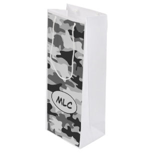 Sac Cadeau Pour Bouteille Monogramme gris noir de camouflage personnalisé