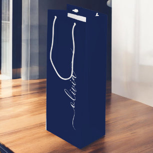 Sac Cadeau Pour Bouteille Monogramme moderne bleu marine et blanc