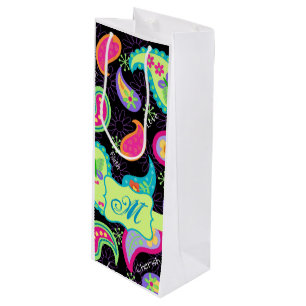 Sac Cadeau Pour Bouteille Monogramme vert citron noir personnalisé Paisley