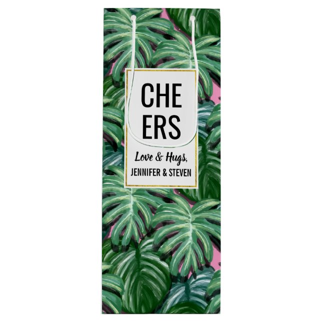Sac Cadeau Pour Bouteille Motif Feuille tropical - Liège vert (Devant)