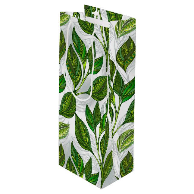 Sac Cadeau Pour Bouteille Motif sans couture avec Feuilles de thé vert (Devant Angle)