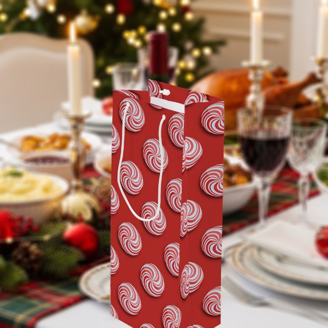 Sac Cadeau Pour Bouteille Noël Peppermenthe Candy Festive Vin Cadeau (Bright red peppermint candy swirls pattern on this Christmas wine gift bag. Fun and festive!)