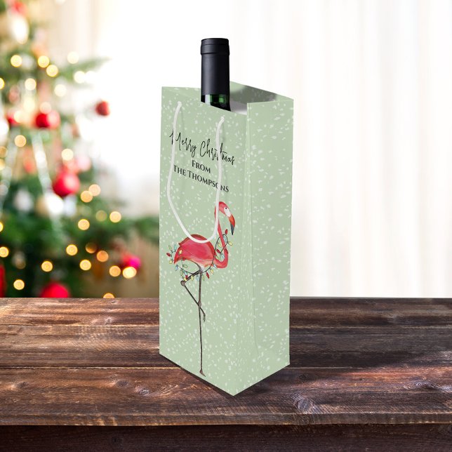 Sac Cadeau Pour Bouteille Noël Vacances Vert rose Flamant rose Neige mignonn (Christmas holiday green with pink flamingo wine gift bag)