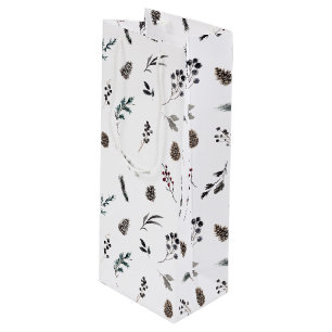 Sac Cadeau Pour Bouteille Noir simple Pinecone d'hiver Aquarelle Noël
