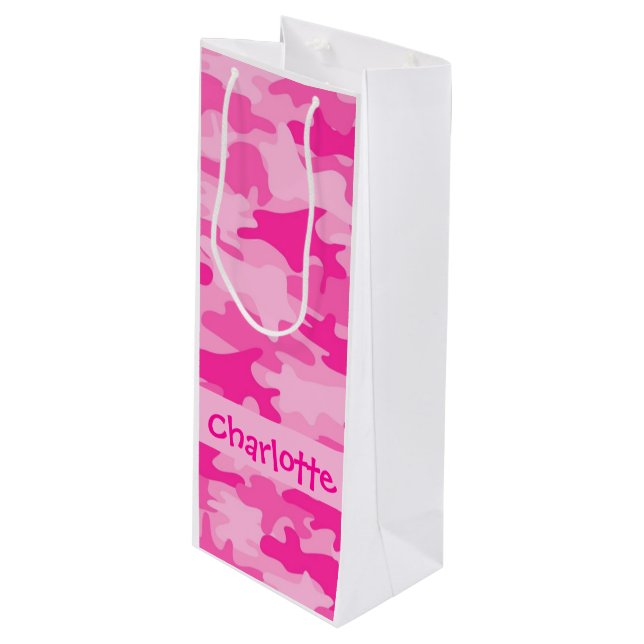 Sac Cadeau Pour Bouteille Nom rose fuchsia de camouflage personnalisé (Devant Angle)