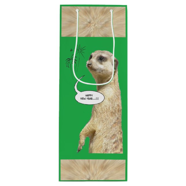 Sac Cadeau Pour Bouteille Nouvel An Meerkat Vin VERT (Devant)
