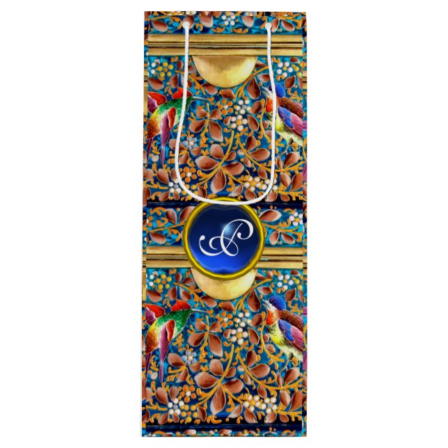 SAC CADEAU POUR BOUTEILLE OISEAUX COLORÉS ET ÉPAULES FLORALES MONOGRAMME DE  (Devant)