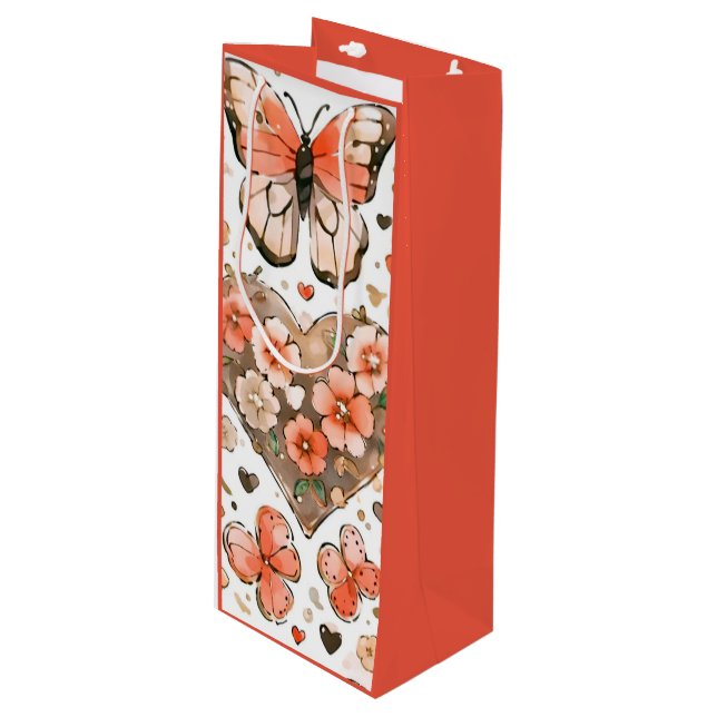 Sac Cadeau Pour Bouteille Papillons, Coeurs et Fleurs (Devant Angle)