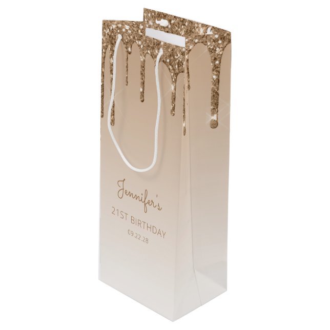 Sac Cadeau Pour Bouteille Parties scintillant Drip 21st Birthday Gold (Devant Angle)