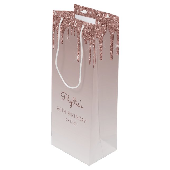 Sac Cadeau Pour Bouteille Parties scintillant Drip 80th Birthday Rose Gold (Devant Angle)