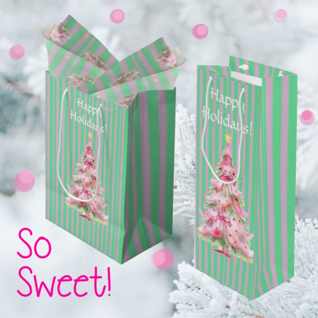 Sac Cadeau Pour Bouteille Personalized Mint Green Pink Stripe Christmas Tree (Gift bags in small, medium and wine. You can personalize the text!)