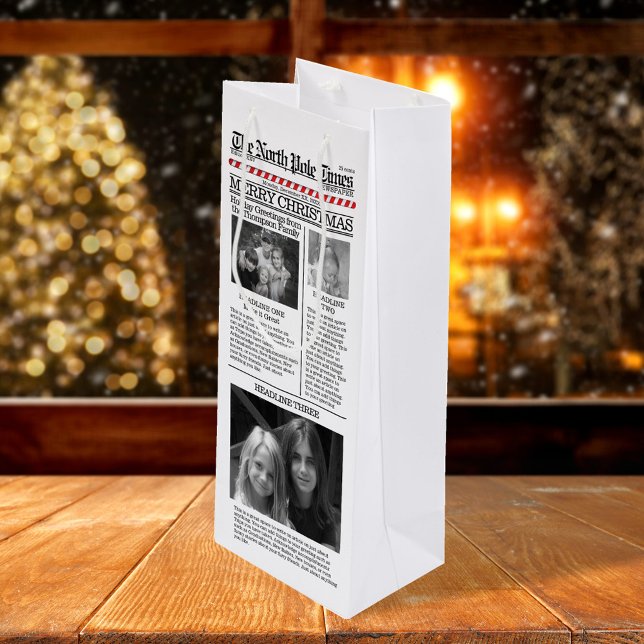Sac Cadeau Pour Bouteille Photo Collage Whimsical Christmas mignonne Holiday (Merry Christmas whimsical photo newspaper gift bag. )