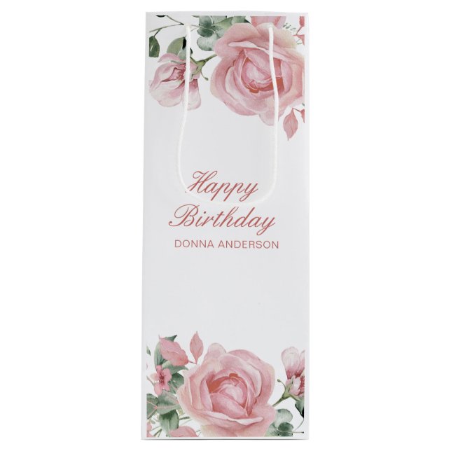 Sac Cadeau Pour Bouteille Pink Floral Rose Birthday Party (Devant)