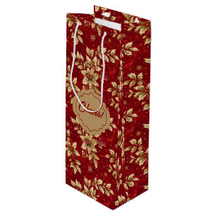 Sac Cadeau Pour Bouteille Poinsettias Métal Or Sur Rouge