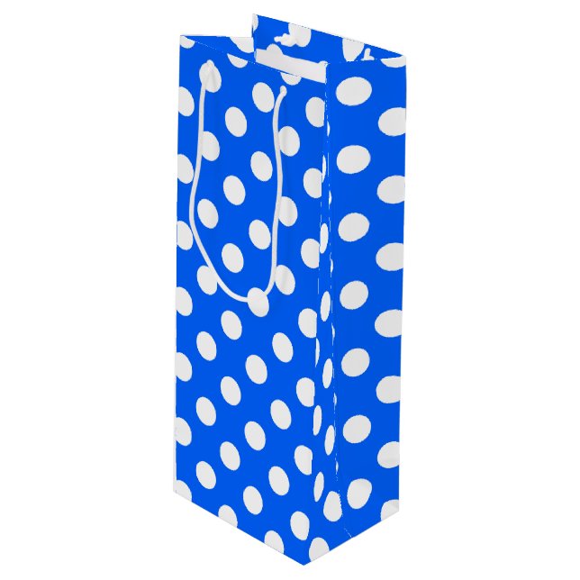 Sac Cadeau Pour Bouteille Pois blancs sur bleu royal (Devant Angle)