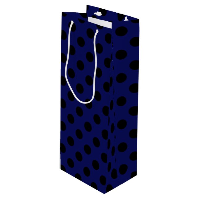 Sac Cadeau Pour Bouteille Pois noirs sur bleu marine (Devant Angle)