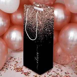 Sac Cadeau Pour Bouteille Rose Gold Blush Rose Pailleté Monogramme Féminin