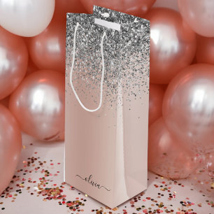 Sac Cadeau Pour Bouteille Rose Gold - Rose Pâle Argent Pailleté Monogramme