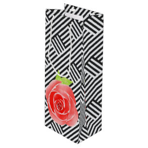 Sac Cadeau Pour Bouteille Roses Rouges Rayures Noires et Blanches
